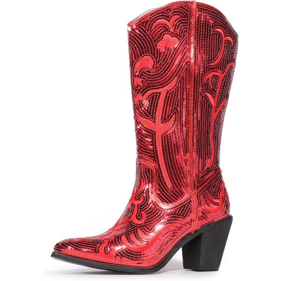 Women's Sequin Red Fashion Western Zipper Pointed Toe Embroidered Boots - Picture 1 of 6